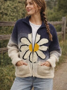 Hand Knit Wool Daisy Cardigan XL Ecuador Chunky Zip Sweater Cottagecore Boho
